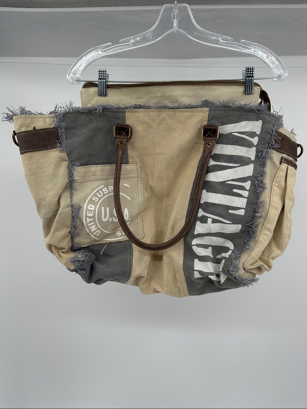 Myra Bag Beige and Gray Canvas Hobo with Leather Handles